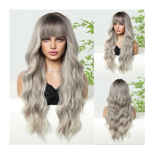 Perücken Lockige Perücke for schwarze Frauen, tägliche 26-Zoll-Perücke, synthetische Perücken, langes, wasserwelliges Haar, braune Platinblond-Ombre-Perücken, mittlerer Teil, Afro Perücke fasching(Col von RFSHOPQW