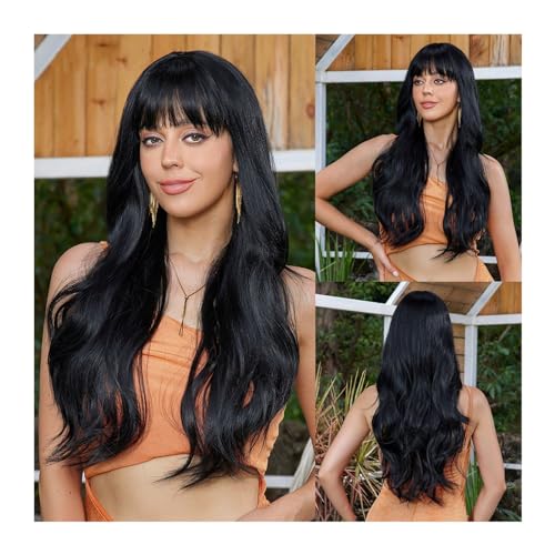 Perücken Perücke for den täglichen Gebrauch, hitzebeständige Faser, lange gewellte synthetische schwarze Perücken mit Pony for schwarze Frauen, Afro-Naturwellenhaar, Cosplay Perücke fasching(Color:LC2 von RFSHOPQW