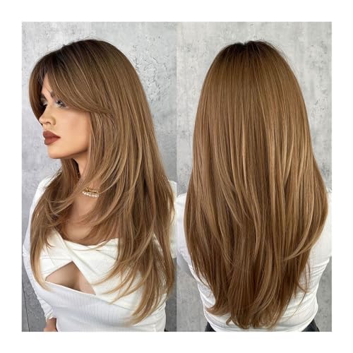 Perücken Synthetische, hochdichte schwarze Haar-End-Dye-Perücke, lange gerade Perücken mit Vorhang-Pony, grünes Highlight, geschichtete Ombre-Perücke for Frauen Perücke fasching von RFSHOPQW