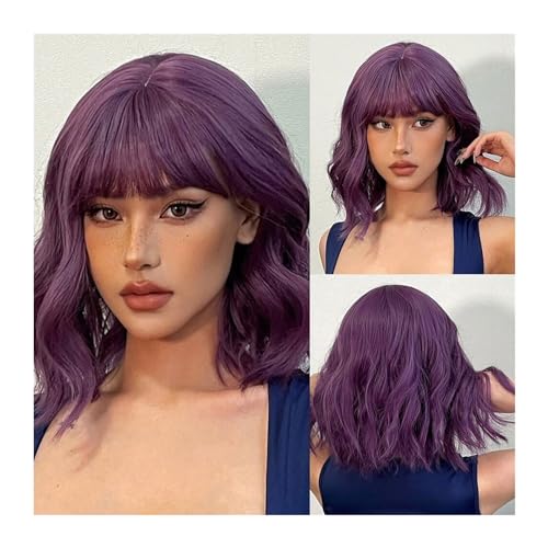 Perücken Tägliche Cosplay-Nutzung, hitzebeständige kurze gewellte Bob-Perücken for Frauen, dunkelbraune Bob-natürliche synthetische Perücke mit Pony for Mädchen Perücke fasching von RFSHOPQW