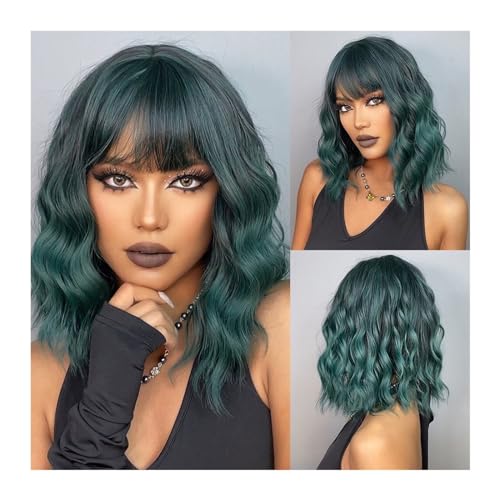 Perücken Tägliche Cosplay-Nutzung, hitzebeständige kurze gewellte Bob-Perücken for Frauen, dunkelbraune Bob-natürliche synthetische Perücke mit Pony for Mädchen Perücke fasching von RFSHOPQW