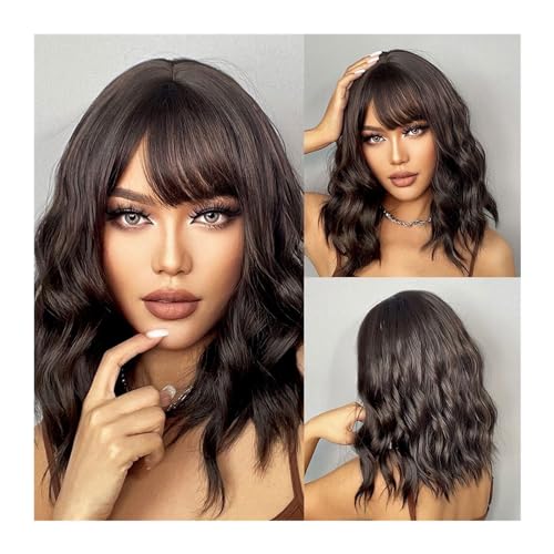 Perücken Tägliche Cosplay-Nutzung, hitzebeständige kurze gewellte Bob-Perücken for Frauen, dunkelbraune Bob-natürliche synthetische Perücke mit Pony for Mädchen Perücke fasching von RFSHOPQW