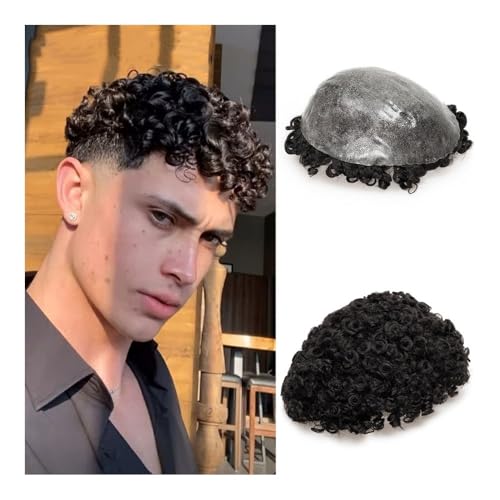 Toupee for Men Afro Curly 0.12-0.14 mm Full PU Injection Base with Thin Skin and Wavy Front, Men's Toupee, Hairpiece, 15 mm Curls, Real Hair Replacement System Wig for Men von RFSHOPQW