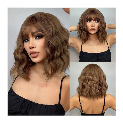 Wigs Daily Cosplay Use, Heat Resistant Short Wavy Bob Wigs for Women, Dark Brown Bob Natural Synthetic Wig with Fringe for Girls Wig Fancy Dress von RFSHOPQW
