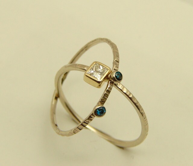 Diamant-Hochzeits-Set, Diamant-Hochzeits-Ring, Prinzessin-Diamant-Verlobungsring Mit Blauen Diamanten-Ring - 14K Solid Gold Quadrat-Diamant-Ring von RFgoldiamonds