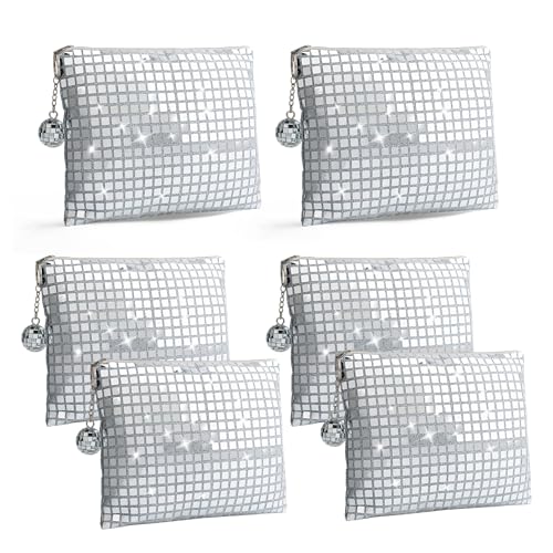 Disco Makeup Tasche 6er Set Mini Kosmetiktasche Damen für Hochzeit, Reise & 70er 80er Jahre Party Retro Glitzer Design Kosmetikbeutel Reisegröße, Wiederverwendbar(Silber) von RGBDOT
