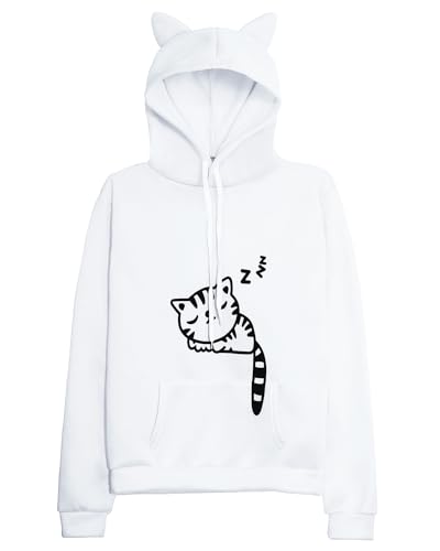 RGOSME Damen Teenager Mädchen Katze Hoodie Sweatshirt Niedliche Katze Ohr Schlafende Katze Gedruckt Pullover Sweatshirt, Weiss/opulenter Garten, Small von RGOSME