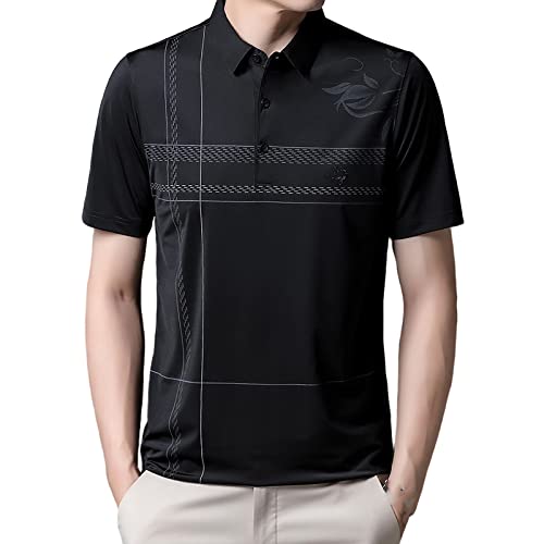 Golfshirt Herren Kurzarm, Herren Sommer Poloshirt Atmungsaktiv Lässig Kurzarm Golf Poloshirt Streifen Blätter Arbeitshemd Schwarz Outdoor Rugby Shirts Golf Tennis T-Shirts,XL von RGVV