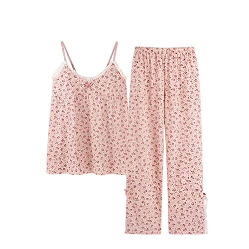 Pjama Set Für Damen, Kurzer Pyjama Für Damen, Sexy, Atmungsaktiv, Zweiteilig, Niedlich, Rosa, Geblümt, Pyjama-Set, Spitze, Cami-Oberteil, Pyjamahose, Loungewear, Sommerkleidung Für Damen, Teenag von RGVV