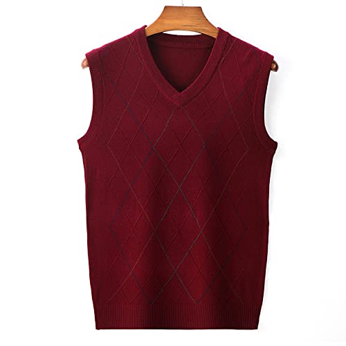 Pullunder Herren Ärmellos, Herren Strickweste Pullover Raute Ärmellos Strickweste Pullover Burgunderrot V-Ausschnitt Strickpullover Oberteile Weste Tanktop Für Herbst Winter,M von RGVV