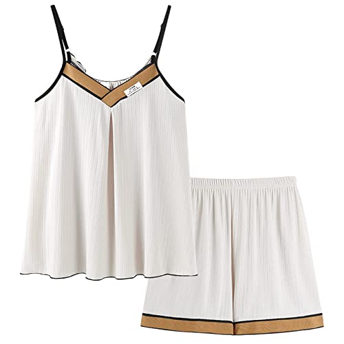 RGVV Damen-Schlafanzug-Set, Kurzes Sommer-Pyjama-Set, Sexy Zweiteilige Nachtwäsche, Atmungsaktiv, Weißes Seiden-Pyjama-Set, Cami-Top, Schlafshorts, Loungewear Für Damen, Teenager-Mädchen, XL von RGVV