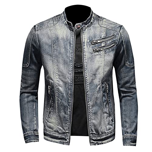 RGVV Herren Jeansjacke,Truckerjacke Vintage Jeansjacke Grau Blau Verwaschene Jeansjacke Motorradjacke Stretch Übergangsjacke Reißverschluss Slim Fit Freizeitjacke Für Damen Herren,Xxl von RGVV