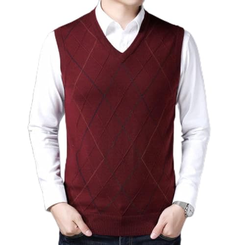 RGVV Herren Sweatshirt, Herren Strickpullover Strickweste Pullover V-Ausschnitt Ärmellos Strick Argyle Pullover Weste Lässige Weste Tanktop Für Den Frühling Herbst,Burgunderrot,M von RGVV