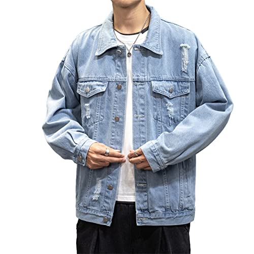 RGVV Jeansjacke Herren,Leichte Truckerjacke Hip Hop Zerrissene Jeansjacke Blau Jeansjacke Übergangsjacke Slim Fit Freizeitjacke Mit Knopfleiste Für Damen Und Herren, XL von RGVV