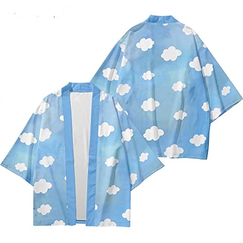 RGVV Kimono Jacke Damen, Kurze Kimonojacke Für Den Strand, Neuheit, Cartoon-Wolkenmuster, Blaues Aloha-Hemd, Unisex, Lässig, Hawaiianische Strickjacke, Bademode, Strandmode Für Damen Und Herren, XXL von RGVV