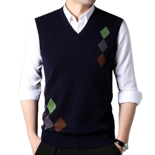 Sweater Vest Herren, Ärmellose Herren-Pulloverweste Aus Kaschmirwolle Mit V-Ausschnitt, Dreifarbiger Argyle-Strickweste, Pullunder, Klassischer Strick, Schwarz, Strickweste, Tanktop, Gentleman-Busi von RGVV