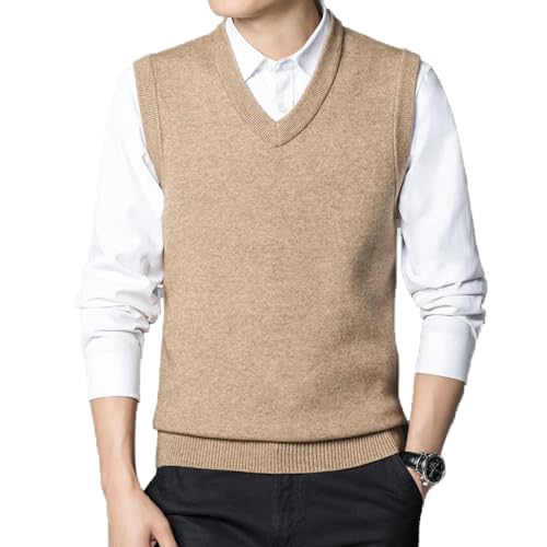 Sweater Vest Herren, Ärmelloser Strickpullover Weste Herren Strickpullover Slim Fit Strickweste Pullover Lässige Übergangsweste Weste Tanktop Für Frühling Herbst, Khaki, 3XL von RGVV