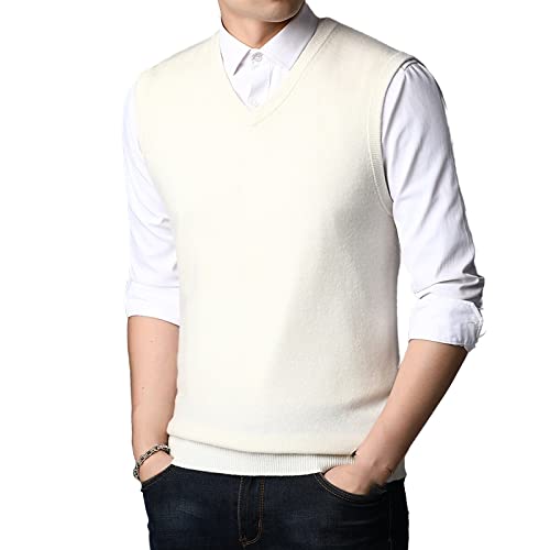 Sweater Vest Herren, Herren Strickweste Pullover Einfarbig Ärmellos Strickpullover Weiß V-Ausschnitt Pullover Weste Jacquard Strickweste Pullover Tops Weste Tanktop Für Herbst Winter,L von RGVV