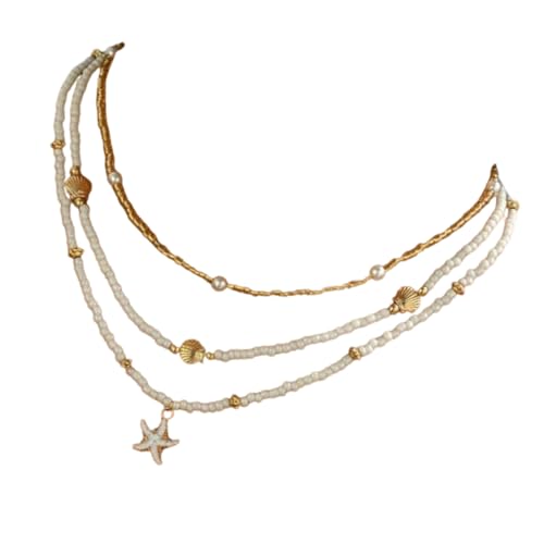 RGYBAO 3 verstellbare Perlen-Halsketten/Armband mit Seestern-Muschel-Anhänger für Damen, Strandschmuck, 35+5cm, Metall, Kein edelstein von RGYBAO