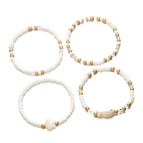 RGYBAO Handgefertigte Keramik-Armbänder mit Muschel-Akzenten, Strandschmuck, stapelbar, dehnbar, Geschenke für Frauen, 18 cm, Harz, Keramik, Reisperlen, Kein Edelstein von RGYBAO