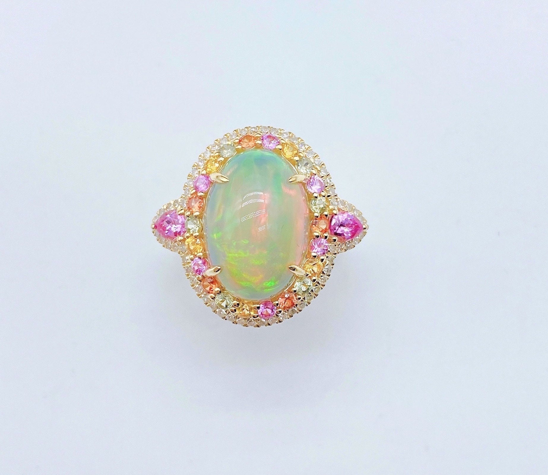 50% Off Clearance Beste Angebote Akzeptieren Nwt 9, 189 Seltener 18Kt Gold Ausgefallener Großer Opal Regenbogen Saphir Diamant Ring von RGalleriesJewels