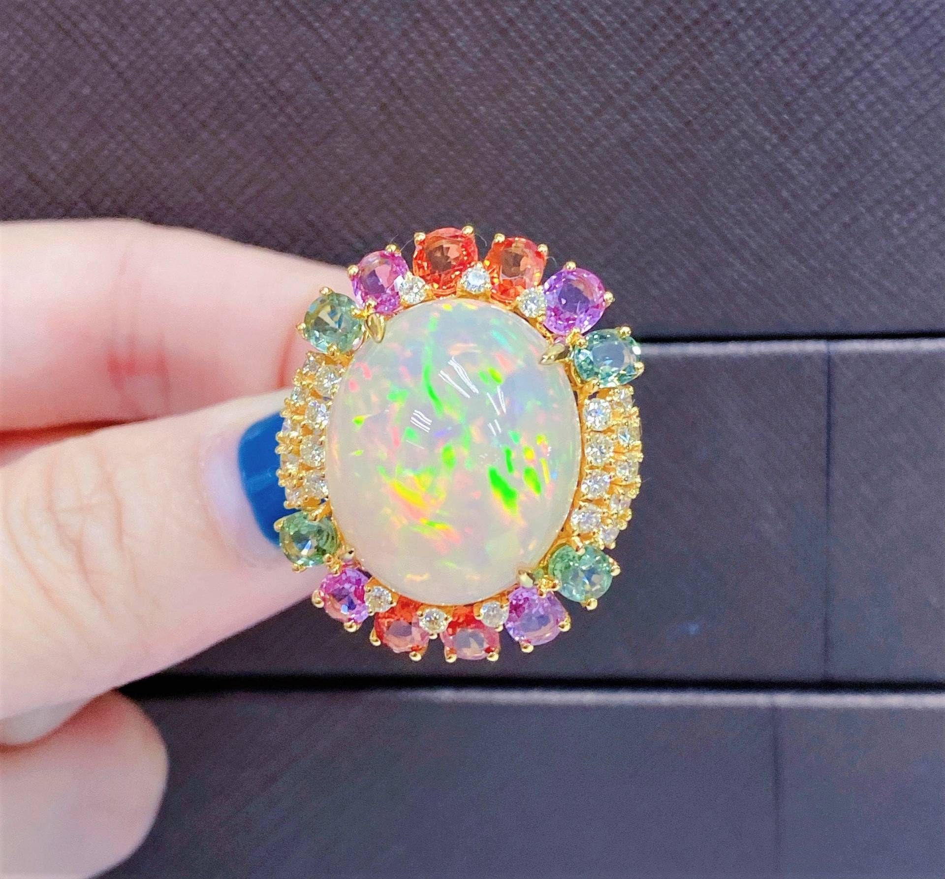 50% Off Clearance Beste Angebote Akzeptieren Nwt 9, 959 Seltenes 18Kt Gold Ausgefallen Großer 23Ct Opal Regenbogen Saphir Diamant Ring von RGalleriesJewels