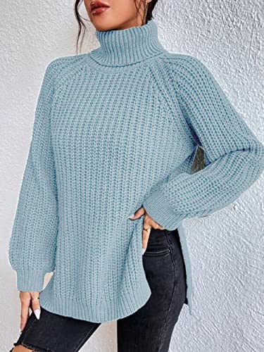 RHANY Rollkragenpullover Damen,Damen Rollkragenpullover Hellblau Langarmshirts Pullover Gegabelter Pullover Kleid Mittellanger Pullover Warmer Kälteschutz Mode Pendeln,XL von RHANY