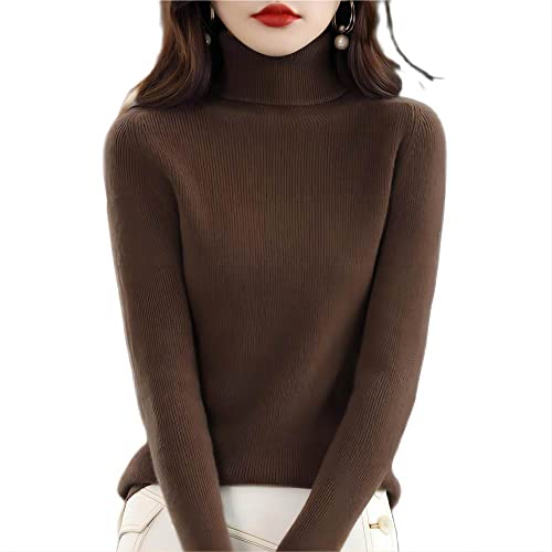 RHANY Rollkragenpullover Damen,Damen Strick Doppellagiger Rollkragenpullover Mode Dunkelbraun Slim Fit Baselayer Shirt Langarmshirts Wollmischung Pullover Warmer Kälteschutz Mode Pendeln,L von RHANY