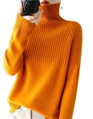 RHANY Rollkragenpullover Damen,Damen Strick Rollkragenpullover Wool Feel Pullover Orange Gelb Verdickter Look Dünnes Baselayer Shirt Langarmshirts Warmer Kälteschutz Mode Pendeln,M von RHANY