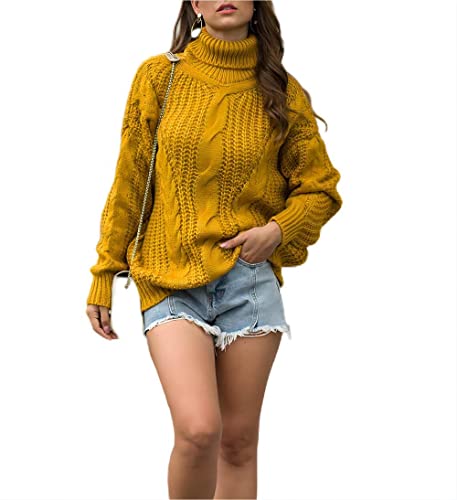 RHANY Rollkragenpullover Damen,Damen Twist Knit Rollkragenpullover Langarmshirts Dicke Linie Pullover Mode Senfgelb Unterhemd Warmer Kälteschutz Mode Pendeln,L von RHANY