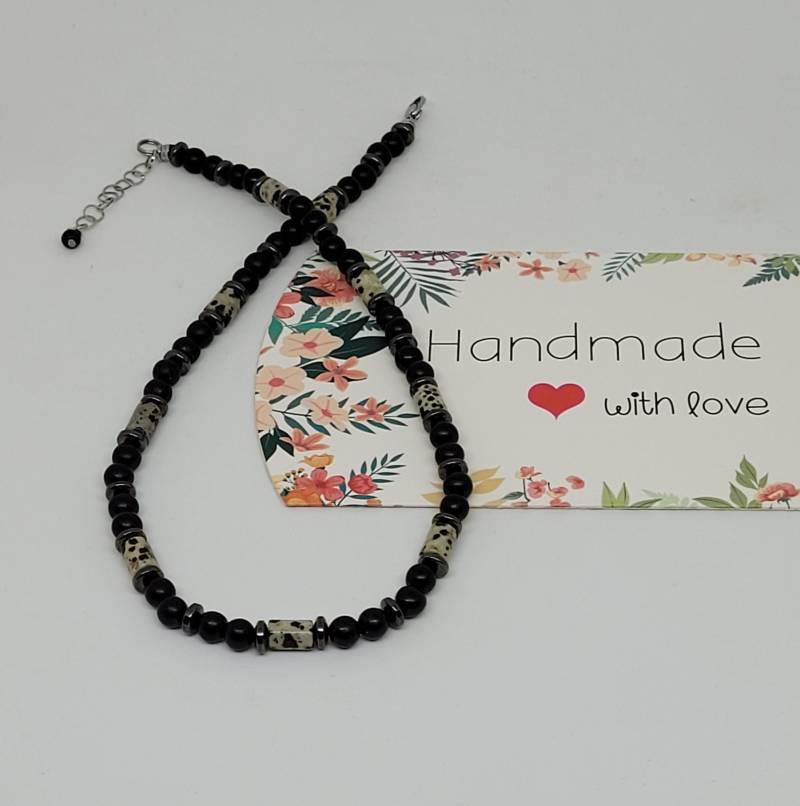 Ebenholz Kette Mit Dalmatiner Jaspis Für Freizeit Alltag Sommer Zeitlos Elegant Geschenkidee Weihnachten Geburtstag Ihn Unisex 4You von RHEINSTONE