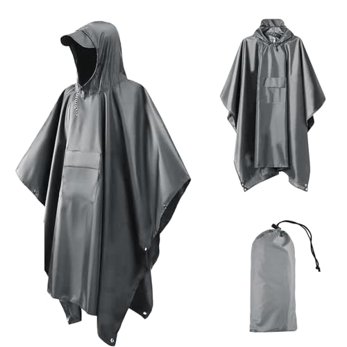 RHHGHY Regenponcho Wasserdicht mit Kapuze, 3 In 1 Multifunktional Regencape Herren Damen, 210t Oxford Regenponcho Wandern, Regenmantel Herren Wasserdicht Atmungsaktiv, Grau von RHHGHY