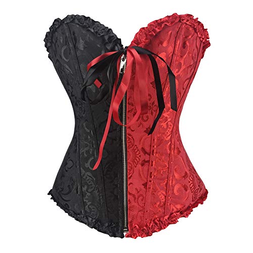RHISLEO Frauen Schwarz Rot Bustier Burlesque Basque Rouge Reißverschluss Schnüren Knochen Korsett Top, Floral Schwarz Rot (Reißverschluss), 36 von RHISLEO
