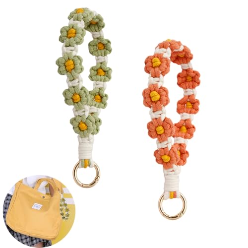 RHQFDM 2 Stücke Schlüsselanhänger Blume,Niedlicher Schlüsselanhänger Armband,Damen keychain Kombinatorisch,Schlüsselanhänger Makramee der als Geschenk Verwendet Werden Kann(Grün+Orange) von RHQFDM