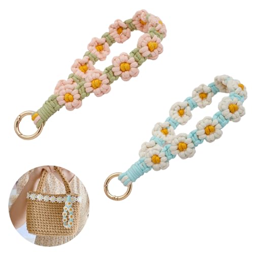 RHQFDM 2 Stücke Schlüsselanhänger Blume,Niedlicher Schlüsselanhänger Armband,Damen keychain Kombinatorisch,Schlüsselanhänger Makramee der als Geschenk Verwendet Werden Kann(Rosa+Weiß) von RHQFDM