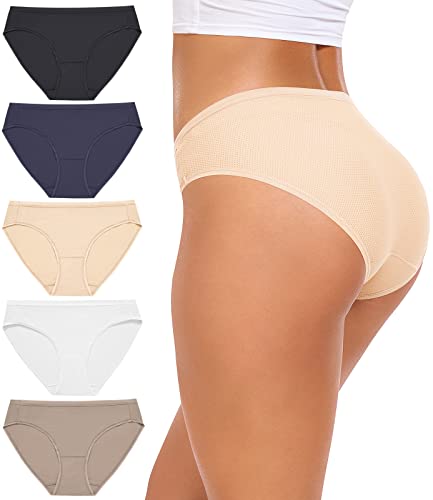 RHYFF Unterhose Damen Mesh Bikini Unterwäsche Atmungsaktive Bleiben Frische Damen Höschen Stretch Weiche Hipster Slips 5er Pack Mehrpack（R7002-Coffe-XL） von RHYFF