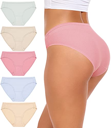 RHYFF Unterhose Damen Mesh Bikini Unterwäsche Atmungsaktive Bleiben Frische Damen Höschen Stretch Weiche Hipster Slips 5er Pack Mehrpack（R7002-Nude-L） von RHYFF