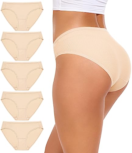 RHYFF Unterhose Damen Mesh Bikini Unterwäsche Atmungsaktive Bleiben Frische Damen Höschen Stretch Weiche Hipster Slips 5er Pack Mehrpack（R7002L-Skin） von RHYFF