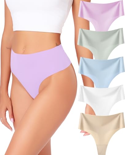 RHYFF String Tanga Damen Unterwäsche Nahtlose Unterhosen Damen Bauchweg Pants Ladies High Waist Slips Damen Mehrpack 5er-Pack XS-XL(RDE0835L-Light) von RHYFF