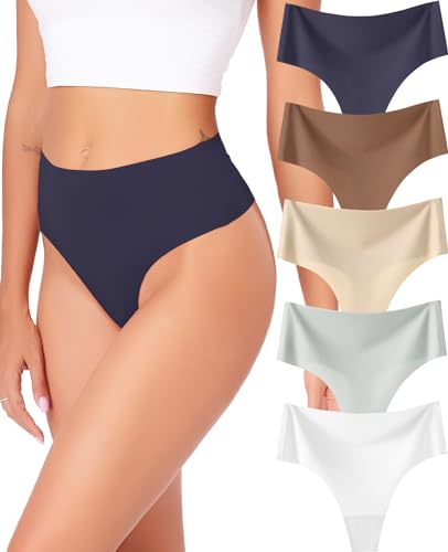 RHYFF String Tanga Damen Unterwäsche Nahtlose Unterhosen Damen Bauchweg Pants Ladies High Waist Slips Damen Mehrpack 5er-Pack XS-XL(RDE0835XL-White) von RHYFF