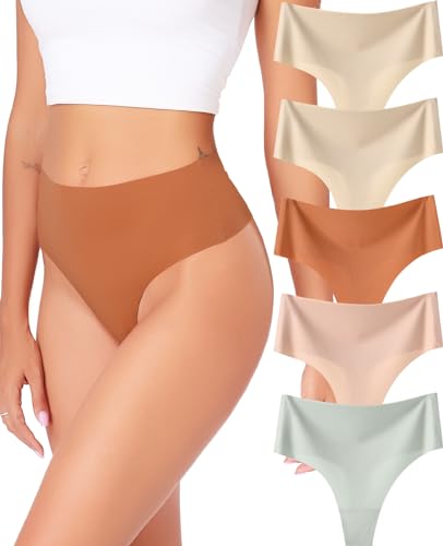 RHYFF String Tanga Damen Unterwäsche Nahtlose Unterhosen Damen Bauchweg Pants Ladies High Waist Slips Damen Mehrpack 5er-Pack XS-XL(RDE0835XS-Skin) von RHYFF