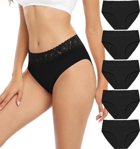 RHYFF Unterhosen Damen Baumwolle Damenunterwäsche Spitzenslips Atmungsaktiver Hipster Weiche Höschen 5er-Pack S-3XL(RDE6004L-Black) von RHYFF