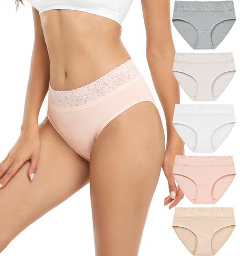 RHYFF Unterhosen Damen Baumwolle Damenunterwäsche Spitzenslips Atmungsaktiver Hipster Weiche Höschen 5er-Pack S-3XL(RDE6004L-Light) von RHYFF