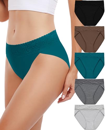 RHYFF Damen Unterhosen Baumwolle Hipster Unterwäsche Spitze Slip Atmungsaktiv Stretch Panties Weich Mehrpack S-XXL (RDE3168L-Coffe) von RHYFF