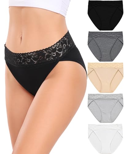 RHYFF Damen Unterhosen Baumwolle Hipster Unterwäsche Spitze Slip Atmungsaktiv Stretch Panties Weich Mehrpack S-XXL (RDE3168XL-BlackWhite) von RHYFF