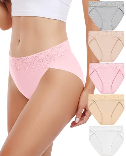 RHYFF Unterhosen Damen Baumwolle Hipster Unterwäsche Frauen Spitze Slip Damen Atmungsaktiv Stretch Panties Damen Weich Damen Slips Mehrpack S-XXL(RDE3168XL-Pink) von RHYFF