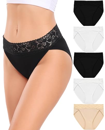 RHYFF Unterhosen Damen Baumwolle Hipster Unterwäsche Frauen Spitze Slip Damen Atmungsaktiv Stretch Panties Damen Weich Damen Slips Mehrpack S-XXL(RDE3168XXL-NudeBlack) von RHYFF