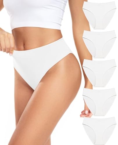 RHYFF Unterhosen Damen Baumwolle Hochgeschnittenes Slip Damen Atmungsaktiv Hipster Unterwäsche Damen Stretch Weich Pantys 5er-Pack S-XXL(RDE3178M-White) von RHYFF