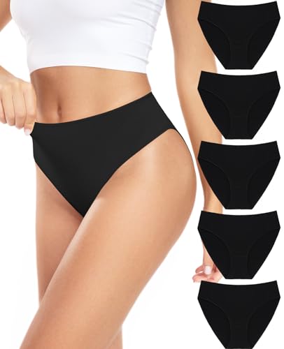 RHYFF Unterhosen Damen Baumwolle Hochgeschnittenes Slip Damen Atmungsaktiv Hipster Unterwäsche Damen Stretch Weich Pantys 5er-Pack S-XXL(RDE3178S-Black) von RHYFF