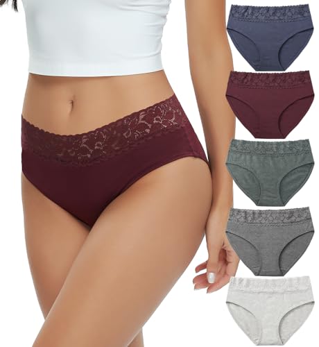 RHYFF Unterhosen Damen Baumwolle Unterwäsche Damen Hipster Spitze Höschen Bequem Bikini Hose Stretch Damen Slips 5er-Pack S-XL(RDE3020L-Green) von RHYFF